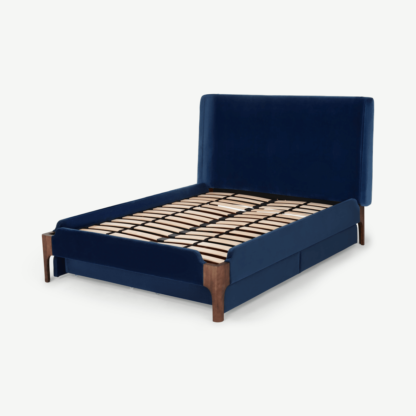 An Image of Roscoe King Size Bed with Storage Drawers, Royal Blue Velvet & Dark Stain Oak Legs