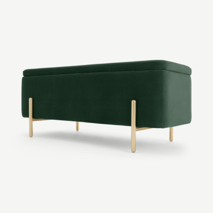 An Image of Asare 110cm Upholstered Ottoman Storage Bench, Pine Green and Brass