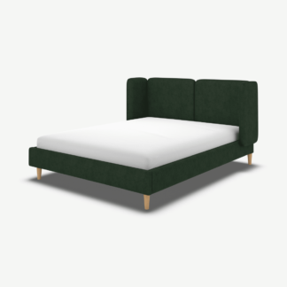 An Image of Ricola Double Bed, Bottle Green Velvet with Oak Legs