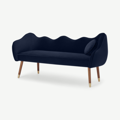 An Image of Alix Dining Bench, Monarch Blue Velvet with Walnut Legs