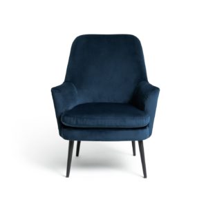 An Image of Habitat Celine Velvet High Back Chair & Footstool - Navy