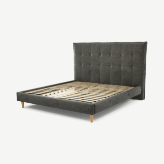 An Image of Lamas Super King Size Bed, Steel Grey Velvet with Oak Legs