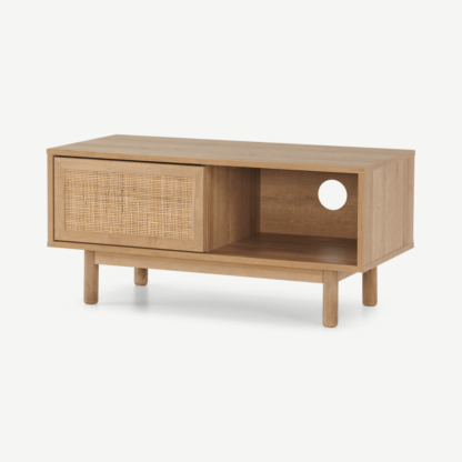 An Image of Pavia Compact TV Stand, Natural Rattan & Oak Effect