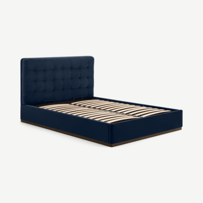 An Image of Lavelle Super King Size Ottoman Storage Bed, Ink Blue Velvet & Walnut Stain Plinth