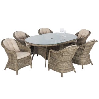 An Image of Taransay 6 Seat Oval Garden Dining Set in Natural Weave and Beige Fabric