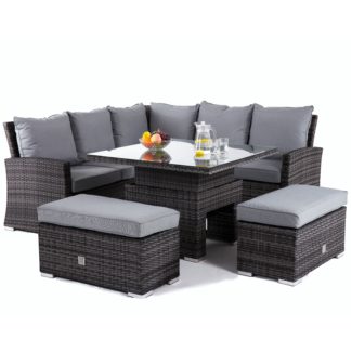 An Image of Rovsham Corner Garden Dining Set With Rising Table in Light Grey Weave and Grey Fabric