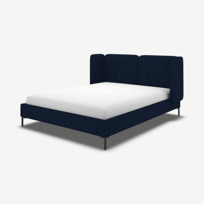 An Image of Ricola Double Bed, Prussian Blue Cotton Velvet with Black Legs