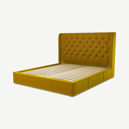 An Image of Romare Super King Size Bed with Storage Drawers, Saffron Yellow Velvet