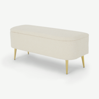 An Image of Abel Ottoman Storage Bench, Natural Faux Sheepskin & Brass