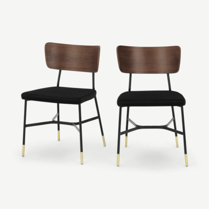 An Image of Amalyn Set of 2 Dining Chairs, Deep Black Velvet & Walnut