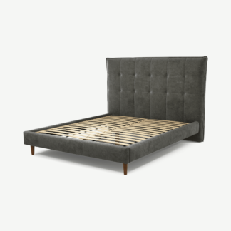 An Image of Lamas King Size Bed, Steel Grey Velvet with Walnut Stain Oak Legs
