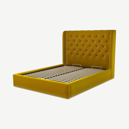 An Image of Romare King Size Ottoman Storage Bed, Saffron Yellow Velvet