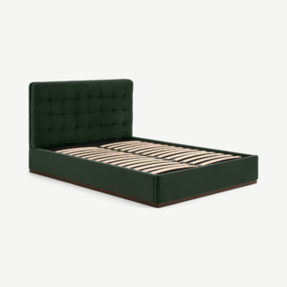 An Image of Lavelle Super King Size Ottoman Storage Bed, Laurel Green Velvet & Walnut Stain Plinth