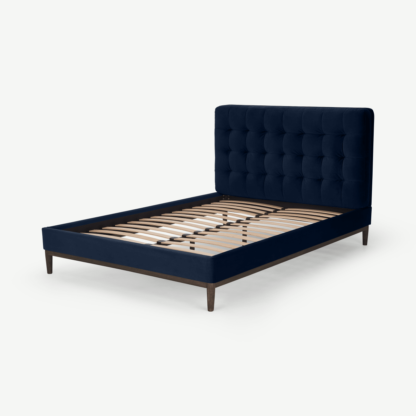 An Image of Lavelle Double Bed, Ink Blue Velvet & Walnut Stain Legs
