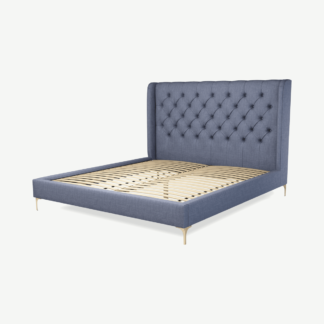 An Image of Romare Super King Size Bed, Denim Cotton with Brass Legs