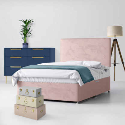 An Image of Cornell Plain Pink Velvet Fabric No Drawer Divan Bed - 4ft6 Double