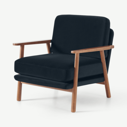 An Image of Lars Accent Armchair, Twilight Blue Velvet with Walnut Stain