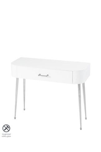 An Image of Mason White Glass Console Table – Shiny Silver Legs