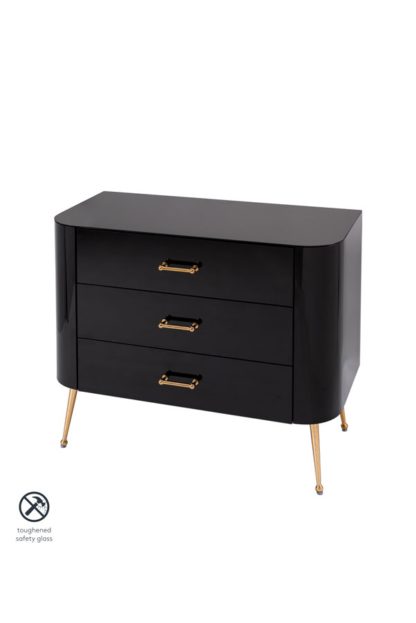 An Image of Mason Black Glass Chest of Drawers – Brushed Gold Legs