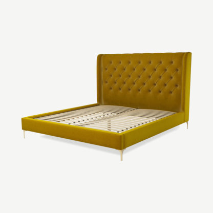 An Image of Romare Super King Size Bed, Saffron Yellow Velvet with Brass Legs
