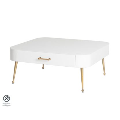 An Image of Mason White Glass Coffee Table – Brushed Gold Legs