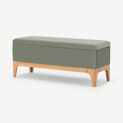 An Image of Roscoe Ottoman Storage Bench, Sage Green Velvet with Oak Legs