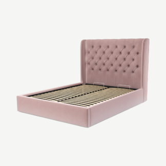An Image of Romare King Size Ottoman Storage Bed, Heather Pink Velvet