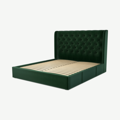 An Image of Romare Super King Size Bed with Storage Drawers, Bottle Green Velvet