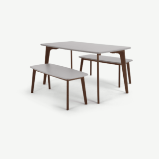 An Image of Fjord Dining Table and Bench Set, Dark Stain Oak and Grey