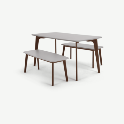 d454e96a2c26b38fccf37c281e4953dec5d5fd38e8241fd68187ace3cd79a4a8.png An Image of Fjord Dining Table and Bench Set, Dark Stain Oak and Grey