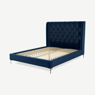 An Image of Romare King Size Bed, Regal Blue Velvet with Nickel Legs