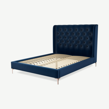 An Image of Romare King Size Bed, Regal Blue Velvet with Copper Legs