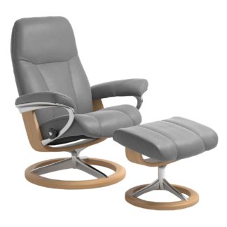 An Image of Stressless Consul Medium Signature Chair and Stool, Batick Wild Dove & Oak
