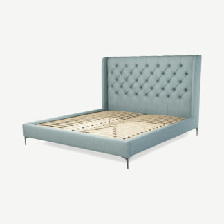 An Image of Romare Super King Size Bed, Sea Green Cotton with Nickel Legs