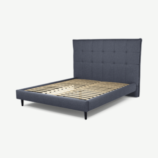 An Image of Lamas King Size Bed, Navy Wool with Black Stain Oak Legs