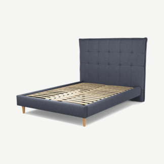 An Image of Lamas Double Bed, Navy Wool with Oak Legs