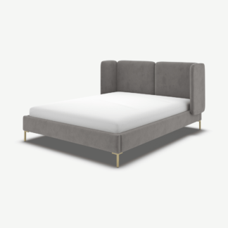 An Image of Ricola Double Bed, Steel Grey Velvet with Brass Legs