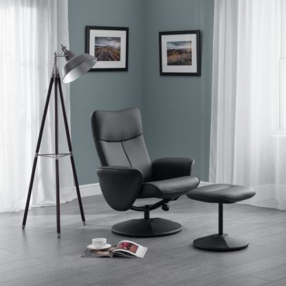 An Image of Lugano Faux Leather Black Recliner and Stool Black