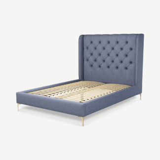 An Image of Romare Double Bed, Denim Cotton with Brass Legs