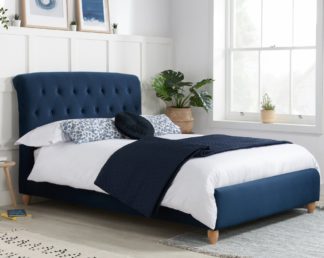 An Image of Brompton Midnight Blue Fabric Bed - 4ft6 Double
