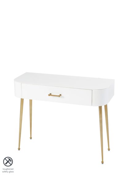An Image of Mason White Glass Console Table – Brushed Gold Legs