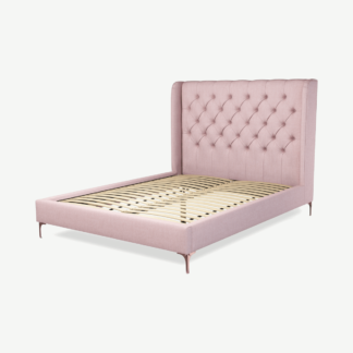 An Image of Romare King Size Bed, Tea Rose Pink Cotton with Copper Legs