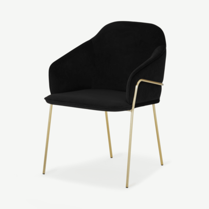 An Image of Stanley Carver Dining Chair, Deep Black Velvet with Brass Legs