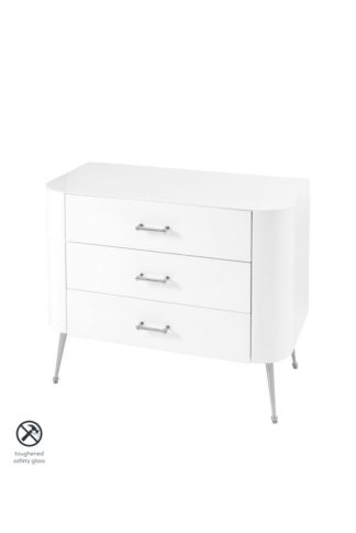 An Image of Mason White Glass Chest of Drawers – Shiny Silver Legs