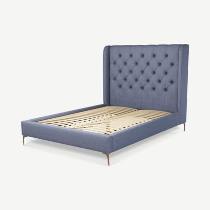 An Image of Romare Double Bed, Denim Cotton with Copper Legs