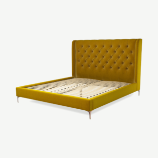An Image of Romare Super King Size Bed, Saffron Yellow Velvet with Copper Legs