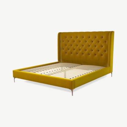 An Image of Romare Super King Size Bed, Saffron Yellow Velvet with Copper Legs