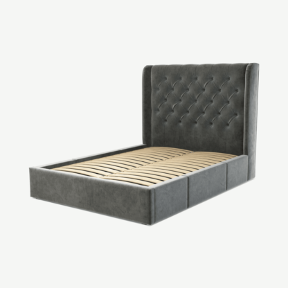 An Image of Romare Double Bed with Storage Drawers, Steel Grey Velvet