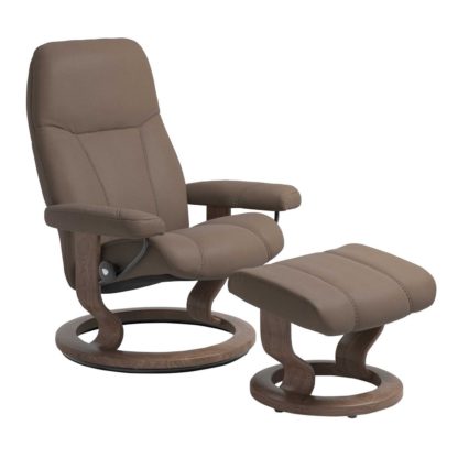 An Image of Stressless Consul Medium Classic Chair & Stool, Batick Mole & Walnut