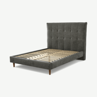An Image of Lamas Double Bed, Steel Grey Velvet with Walnut Stain Oak Legs